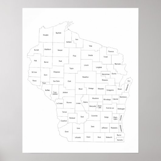 Poster Carte des comtés du Wisconsin dans l'état avec des (Devant)