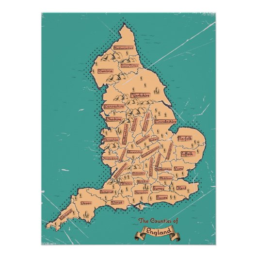 Poster Carte des comtés Vintages d'Angleterre (Devant)