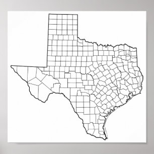 Poster Carte des détails des comtés du Texas Blank