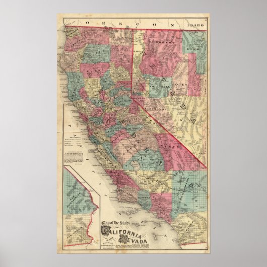 Poster Carte des États de Californie et du Nevada (Devant)