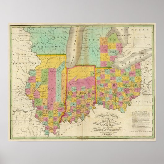 Poster Carte des États de l'Ohio Indiana & Illinois (Devant)