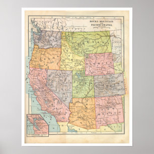 Poster Carte des États de l'Ouest vintage