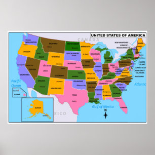 Poster Carte des États-Unis avec les capitales de l'État