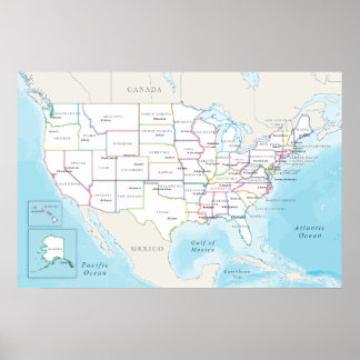 Poster Carte des États-Unis avec les capitales d'État