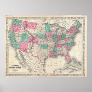 Poster Carte des États-Unis de vintage Johnson (1866)