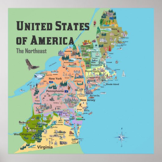Poster Carte des États-Unis du Nord-Est (Devant)