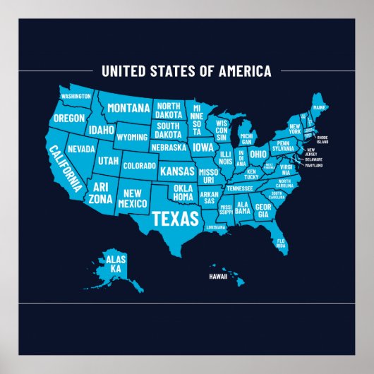 Poster Carte des États-Unis Teal Design Minimaliste (Devant)