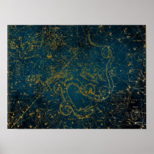 Poster Carte des étoiles vintage illustrée bleu foncé et 