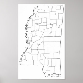 Poster Carte des grandes lignes des comtés du Mississippi