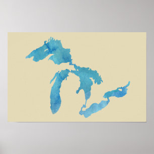 Poster carte des Grands Lacs silhouette en aquarelle
