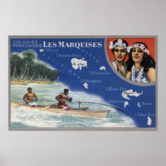 Poster Carte des îles, autochtones en canoë (Devant)