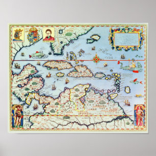 Poster Carte des îles des Caraïbes