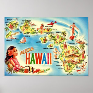 Poster Carte des îles d'Hawaii vintage