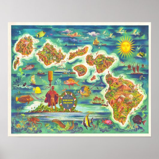 Poster Carte des îles Hawaii (Devant)