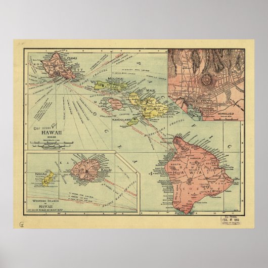 Poster Carte des îles Hawaii 1912 (Devant)