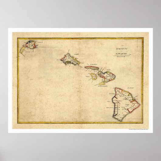 Poster Carte des îles Hawaiiennes par Kalama 1837 (Devant)