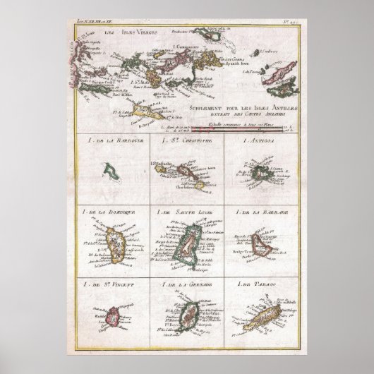 Poster Carte des îles vintages des Caraïbes (1780) (Devant)