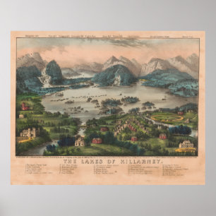 Poster Carte des lacs vintages de Killarney (1868)