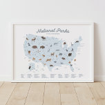 Poster Carte des parcs nationaux bleus Décor de la crèche<br><div class="desc">Laissez-vous inspirer par cette carte détaillée des parcs nationaux et explorez les États-Unis !</div>