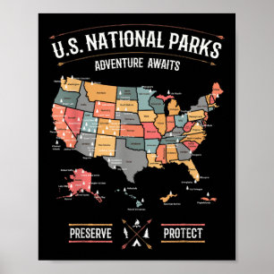 Poster Carte des parcs nationaux des États-Unis Préserver