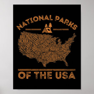 Poster Carte des parcs nationaux Randonnée Voyage Camping