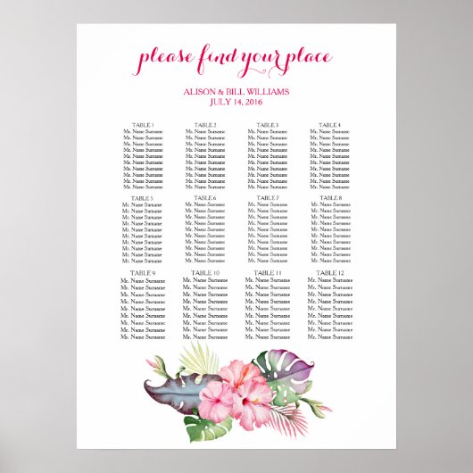 Poster Carte des places pour dîner mariage de fleurs trop (Devant)