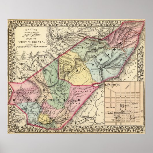 Poster Carte des Pocohontas, comtés de Greenbrier (Devant)