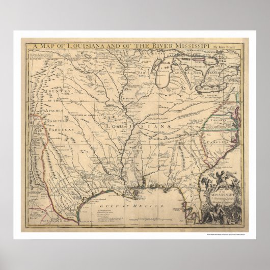 Poster Carte des premiers États-Unis par Senex 1721 (Devant)