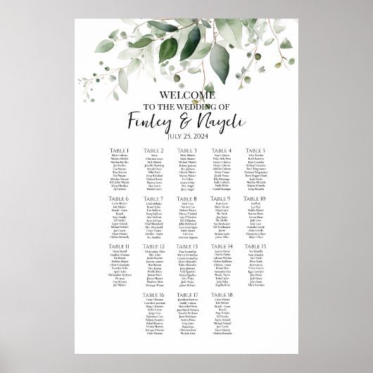 Poster Carte des sièges de mariage élégante 18 tables (Devant)