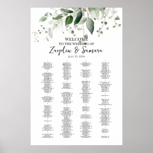 Poster Carte des sièges mariage élégante et verdoyante (Devant)