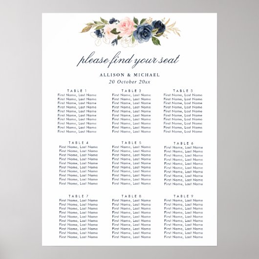 Poster carte des sièges mariages à fleurs bleu et marine (Devant)