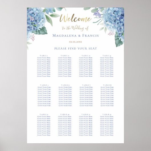 Poster carte des sièges mariages bleu hydrangea (Devant)