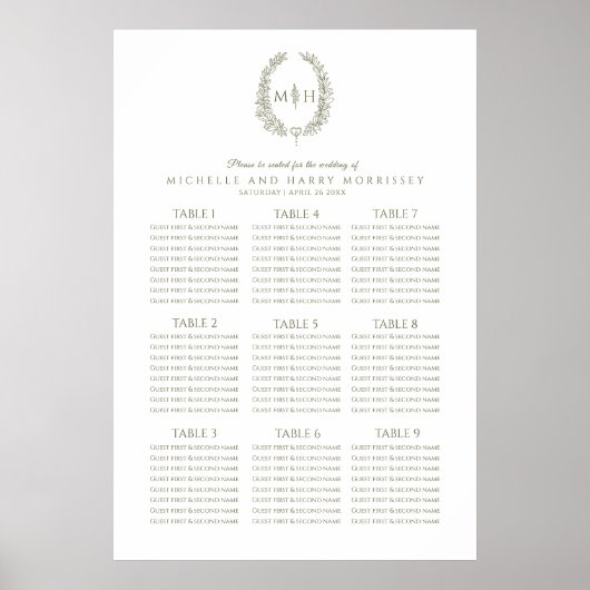 Poster Carte des sièges mariages en feuille blanc vert (Devant)