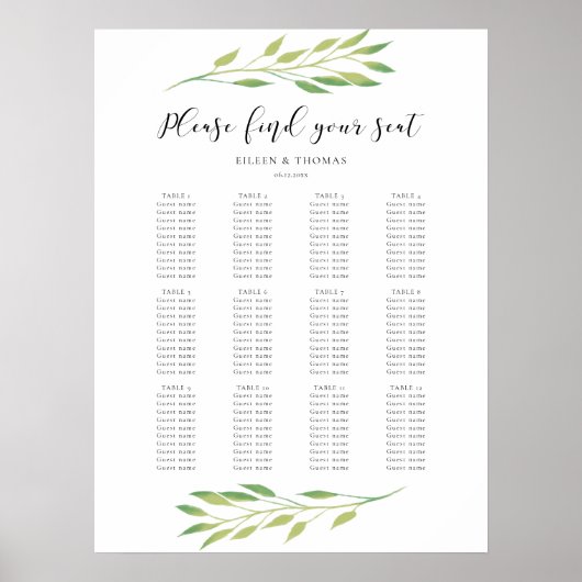 Poster Carte des sièges mariages feuille vert aquarelle (Devant)