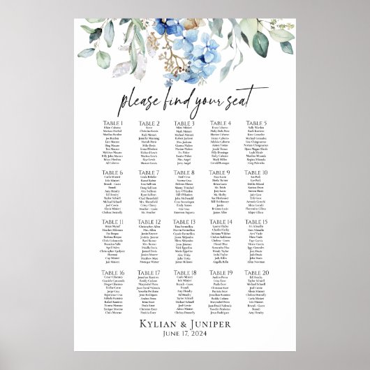 Poster Carte des sièges mariages Hydrangea 20 tables (Devant)