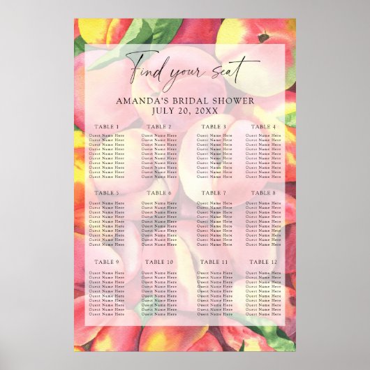 Poster Carte des sièges pour les pêches aquarelles (Devant)