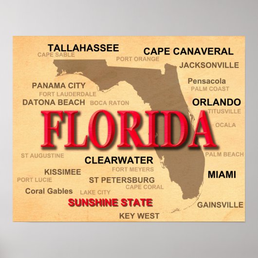 Poster Carte des villes et villes de Floride State Pride (Devant)