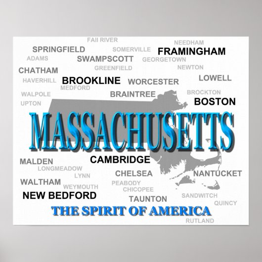 Poster Carte des villes et villes du Massachusetts State (Devant)