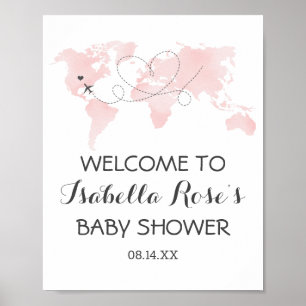 Poster Carte des villes Voyage aventure Baby shower rose
