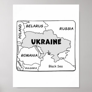 Poster Carte dessinée à la main en ligne noire de l'Ukrai