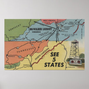 Poster Carte détaillée de 5 états - grande surveillance