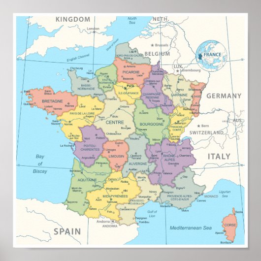 Poster Carte détaillée de la France (Devant)