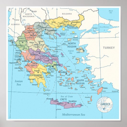 Poster Carte détaillée de la Grèce (Devant)