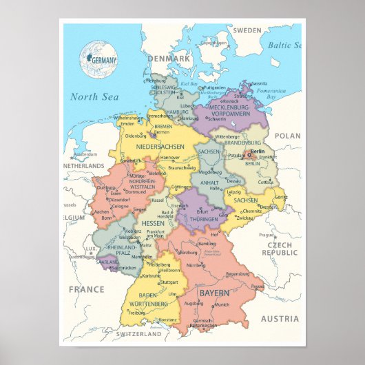 Poster Carte détaillée de l'Allemagne (Devant)