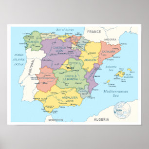 Poster Carte détaillée de l'Espagne