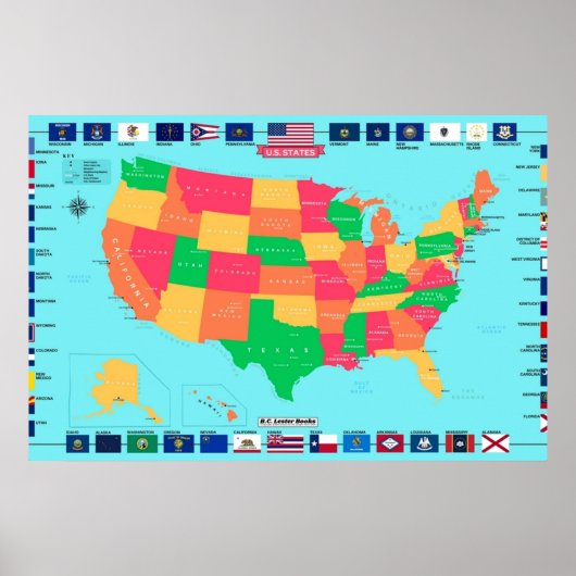 Poster Carte détaillée des États-Unis avec drapeaux d'Éta (Devant)
