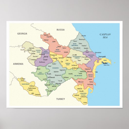 Poster Carte détaillée des régions d'Azerbaïdjan (Devant)