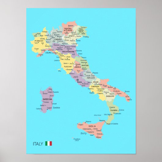Poster Carte détaillée des régions d'Italie (Devant)