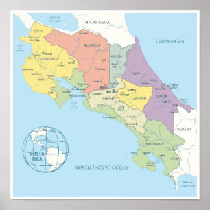 Poster Carte détaillée des régions du Costa Rica