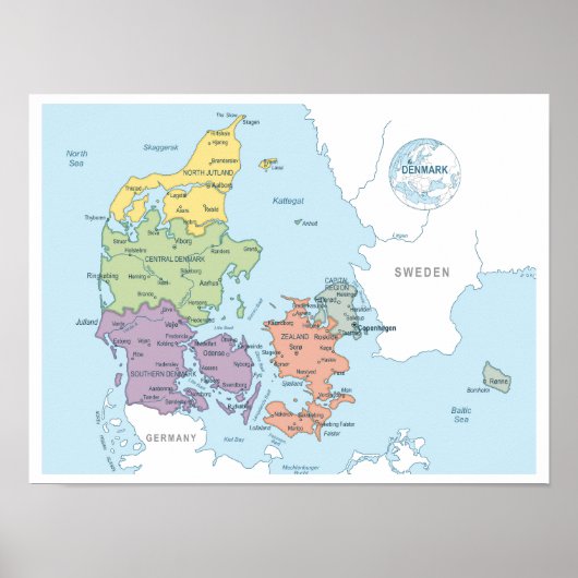 Poster Carte détaillée du Danemark (Devant)